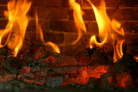 Firewood and embers. The blazing flames of the fire Flames in the fireplace.の写真素材