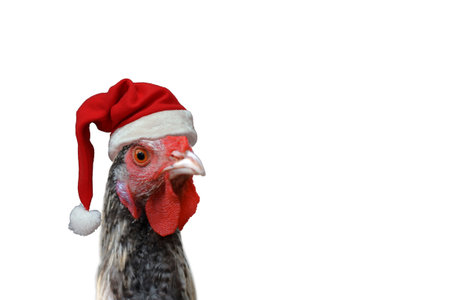 Hen with Santa Claus hat isolated on white. Hen with red and white hat on her head. Christmas hen.の写真素材