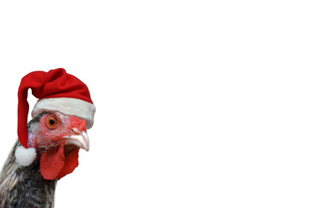 Hen with Santa Claus hat isolated on white. Hen with red and white hat on her head. Christmas hen.の写真素材