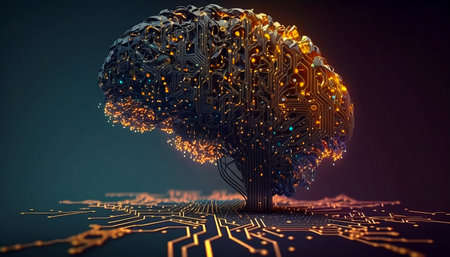 The central figure is artificial intelligence, which represents the ability to learn and process large amounts of data accurately and efficiently. Generative AI,の素材