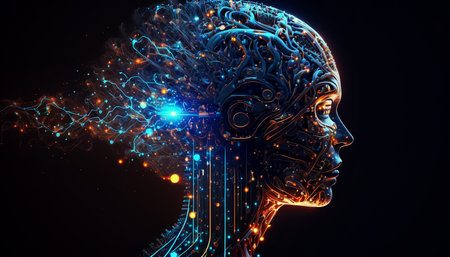 an illustration depicting an artificial intelligence with a digital brain, depicted as a humanoid cyborg with a neural network, learning to process big data. Generative AI,の素材
