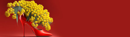 Women's Day celebrations, Mimosa over a Red Heel on a red background. Generative AI,の素材
