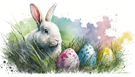 Easter bunny in a flower meadow in a watercolor style on a white background. Generative AI,の素材