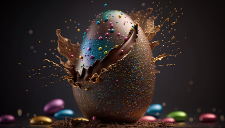 Hyper-realistic 3D sketches of whole chocolate Easter eggs in cute and colorful style. Generative AI,の素材
