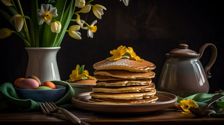 Close-up of a plate with pancakes on top of a table of forks, a basket with "Easter" colored eggs, and a vase with "Easter flower" daffodils. Generative AI,の素材