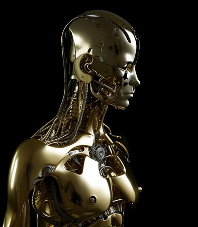 Silver and gold cyborgs: the perfect fusion of man and machine in the symbol of human biotechnology. generative AI,の素材