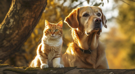 Autumn Nature: Dog and Cat Explore the Woods with Warm Colors. generative AI, Four-legged friendship in an autumn forest.の素材