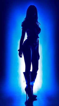 Glamorous Blue Vintage Fashion Ankle Boot Silhouettes in Modern Poster Art. Generative AI,の素材