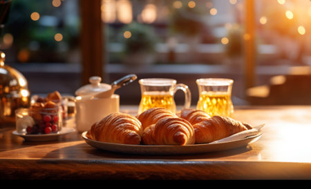 Barista's Delight: Inviting bar table with coffee and croissants, perfect for restaurant menus. Soft lights, create a cozy and relaxing atmosphere.generative AI,の素材