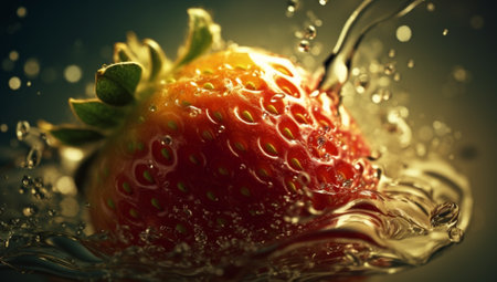 strawberry in the water.Aquatic Symphony: Natural Background with a Punk Strawberry. Generative AI,の素材