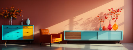 Modern living room. Creative Exploration of Colorful Minimalism in Elegant Interiors. Generative AI,の素材