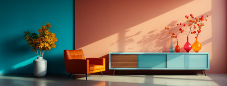 Modern living room. Creative Exploration of Colorful Minimalism in Elegant Interiors. Generative AI,の素材