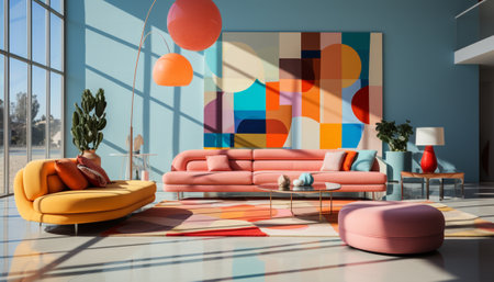 Modern living room. Creative Exploration of Colorful Minimalism in Elegant Interiors. Generative AI,の素材