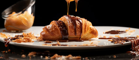 Delicious Breakfast - Chocolate Croissant with Realistic Details. Generative AI, Culinary photography that captures the detail and realistic texture of croissants, with runny melted chocolate.の素材