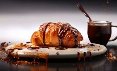 Delicious Breakfast - Chocolate Croissant with Realistic Details. Generative AI, Culinary photography that captures the detail and realistic texture of croissants, with runny melted chocolate.の素材