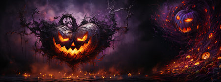 Scary Halloween Atmosphere: Purple Pumpkin in Angry and Mysterious Background. generative AI,の素材