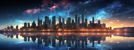 Connected future: digital visions between cyberspace and advanced technology. Big data connection technology concept. The smart city and abstract dot connect with the gradient line and the Intricate aesthetic.の素材