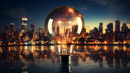 Illuminated Innovation: Radiant Light Bulb in front of the Urban Skyline, Symbol of Creative and Futuristic Energyの素材