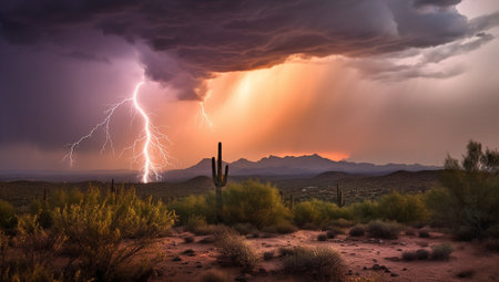 Lightning storm at sunset. Lightning strikes at dusk during the monsoon season. Spectacle of nature: lightning lights up the sky at sunset.の素材