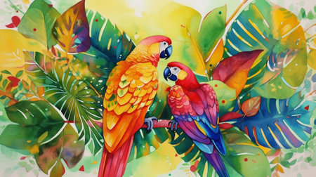 Two magnificent colorful macaw parrots in a tropical watercolor composition, with palm leaves and exotic flowers. A vibrant creation that captures the beauty and energy of tropical fauna and flora.の素材