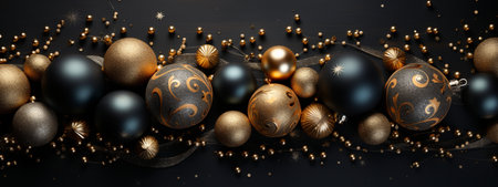 Black Background with Black Christmas Balls and a Swirl of Golden Glitter to Create Festive Atmosphere. Refined Frame on Black Background, Elegant Christmas Balls and Golden Glitter for Exclusive Banners and Invitations.の素材