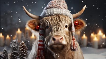 Christmas Bovine Atmosphere: Greeting Card with a Festive Cow in a Christmas Hat - An Original and Cheerful Greeting. Christmas Card with Cow with a Christmas Look - A Unique and Simple Wish.の素材