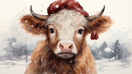 Christmas Bovine Atmosphere: Greeting Card with a Festive Cow in a Christmas Hat - An Original and Cheerful Greeting. Christmas Card with Cow with a Christmas Look - A Unique and Simple Wish.の素材