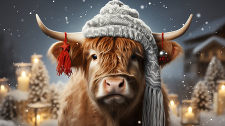Christmas Bovine Atmosphere: Greeting Card with a Festive Cow in a Christmas Hat - An Original and Cheerful Greeting. Christmas Card with Cow with a Christmas Look - A Unique and Simple Wish.の素材