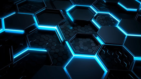 Geometric Harmony: Abstract Pattern of Black and Blue Hexagons, an Elegant Visual Balance. Background with Black and Blue Hexagons, a Refined Pattern of Modern Design. Black and Blue Hexagons, an Abstract Pattern of Pure Creativity.の素材