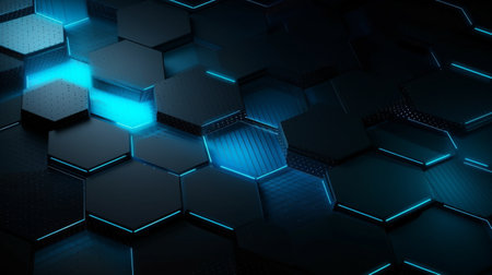 Geometric Harmony: Abstract Pattern of Black and Blue Hexagons, an Elegant Visual Balance. Background with Black and Blue Hexagons, a Refined Pattern of Modern Design. Black and Blue Hexagons, an Abstract Pattern of Pure Creativity.の素材