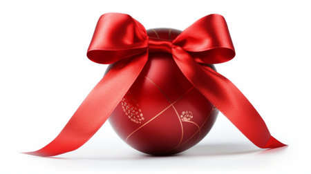 Red Christmas Ball with Ribbon and Bow on White Background, an Enchanting Festive Arrangement.の素材