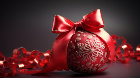 Red Christmas Ball with Ribbon and Bow on a Dark Background, a Festive Detail under the Stars. Enchanted Atmosphere with Red Christmas Ball, Ribbon and Bow on Dark Background.の素材