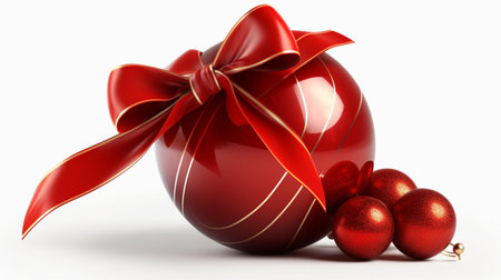 Red Christmas Ball with Ribbon and Bow on White Background, an Enchanting Festive Arrangement.の素材