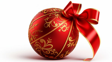 Red Christmas Ball with Ribbon and Bow on White Background, an Enchanting Festive Arrangement.の素材
