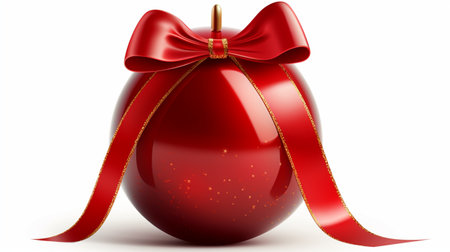 Red Christmas Ball with Ribbon and Bow on White Background, an Enchanting Festive Arrangement.の素材