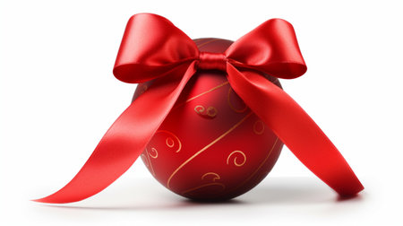 Red Christmas Ball with Ribbon and Bow on White Background, an Enchanting Festive Arrangement.の素材