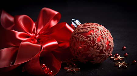 Red Christmas Ball with Ribbon and Bow on a Dark Background, a Festive Detail under the Stars. Enchanted Atmosphere with Red Christmas Ball, Ribbon and Bow on Dark Background.の素材