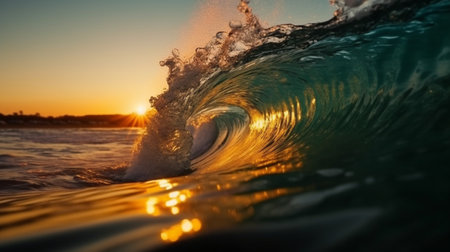 Colorful and Vibrant Surf Barrel Illuminated by the Sunset, Dance of the Waves in a Sparkling Sea. Glowing Sunset, Vivid Surf Barrel in an Ocean of Changing Waves.の素材