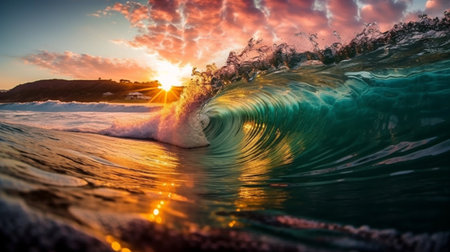 Colorful and Vibrant Surf Barrel Illuminated by the Sunset, Dance of the Waves in a Sparkling Sea. Glowing Sunset, Vivid Surf Barrel in an Ocean of Changing Waves.の素材