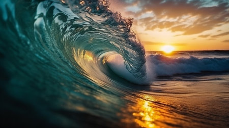 Colorful and Vibrant Surf Barrel Illuminated by the Sunset, Dance of the Waves in a Sparkling Sea. Glowing Sunset, Vivid Surf Barrel in an Ocean of Changing Waves.の素材