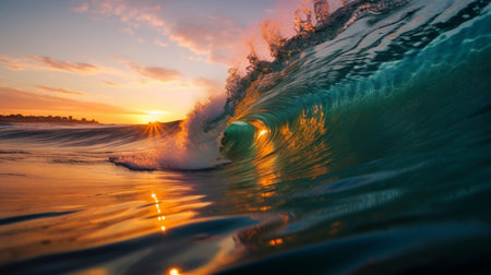 Colorful and Vibrant Surf Barrel Illuminated by the Sunset, Dance of the Waves in a Sparkling Sea. Glowing Sunset, Vivid Surf Barrel in an Ocean of Changing Waves.の素材