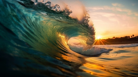 Colorful and Vibrant Surf Barrel Illuminated by the Sunset, Dance of the Waves in a Sparkling Sea. Glowing Sunset, Vivid Surf Barrel in an Ocean of Changing Waves.の素材