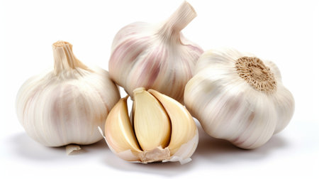 Gastronomic Minimalism: Garlic Isolated on White Background at Low Background. Detail of Garlic, Background on White Background.の素材