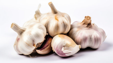 Gastronomic Minimalism: Garlic Isolated on White Background at Low Background. Detail of Garlic, Background on White Background.の素材