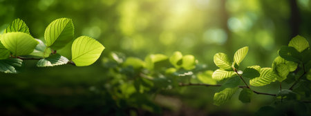 Green Leaves in the Foreground on a Natural Background with Delicate Bokeh Effects. Detail of Green Leaves on a Natural Background with Suggestive Bokeh Reflections.の素材