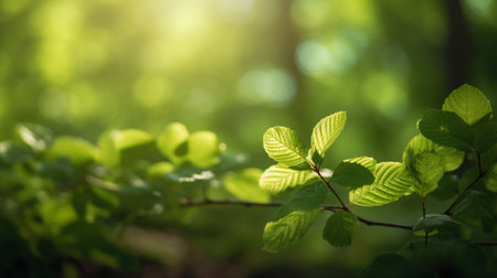 Green Leaves in the Foreground on a Natural Background with Delicate Bokeh Effects. Detail of Green Leaves on a Natural Background with Suggestive Bokeh Reflections.の素材