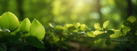 Green Leaves in the Foreground on a Natural Background with Delicate Bokeh Effects. Detail of Green Leaves on a Natural Background with Suggestive Bokeh Reflections.の素材