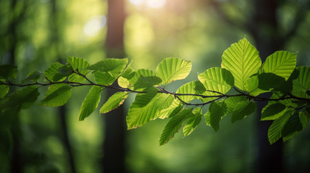 Green Leaves in the Foreground on a Natural Background with Delicate Bokeh Effects. Detail of Green Leaves on a Natural Background with Suggestive Bokeh Reflections.の素材