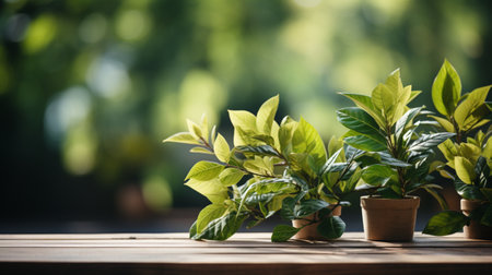 Plants in pots on wooden table in garden. Selective focusの素材