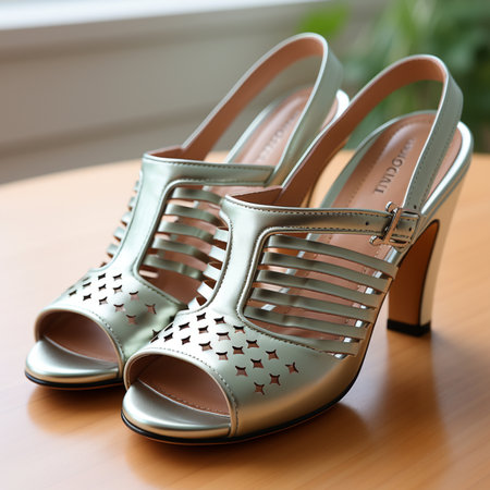 Elegant women's shoes on a wooden table. Close-upの素材